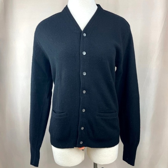 Vintage Mens Cardigan (M) Black Lambswool Pockets Button Grandpa‎ Academia